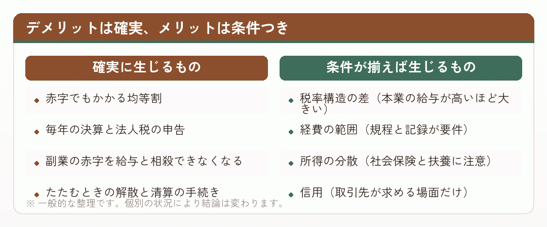 会社設立のデメリットとメリットを、確実に生じるものと条件つきのものに分けて比べた図