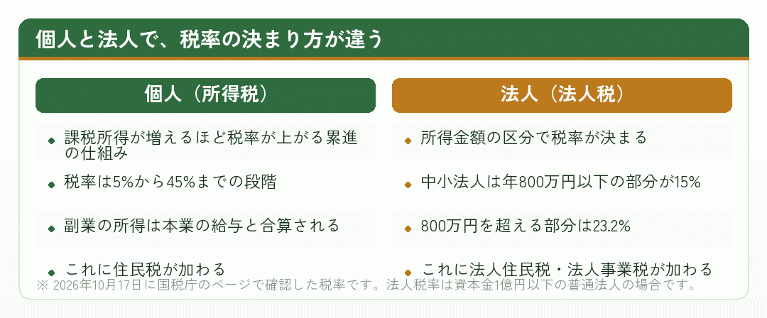 個人の所得税と法人の法人税で税率の決まり方が違うことを左右に並べて比べた図
