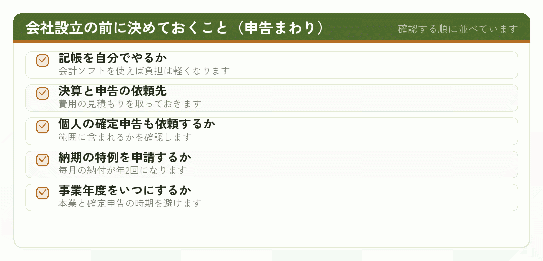 会社設立の前に決めておく申告関係の項目のチェックリスト