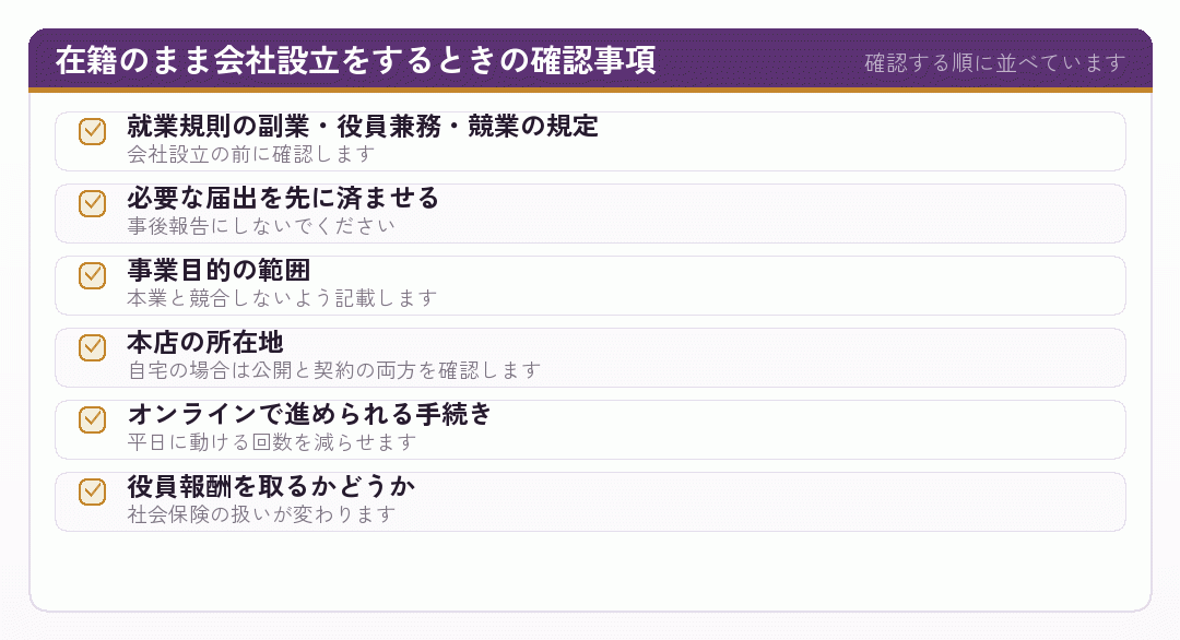 会社員が在籍のまま会社設立をするときの確認事項のチェックリスト