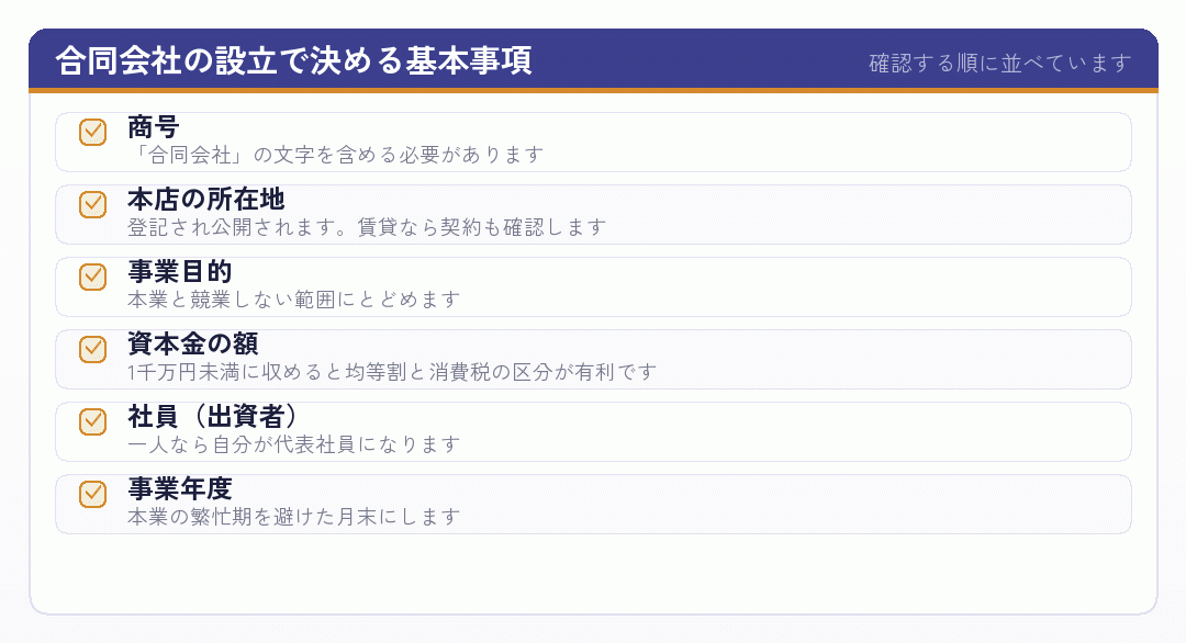 合同会社の設立で決める基本事項のチェックリスト