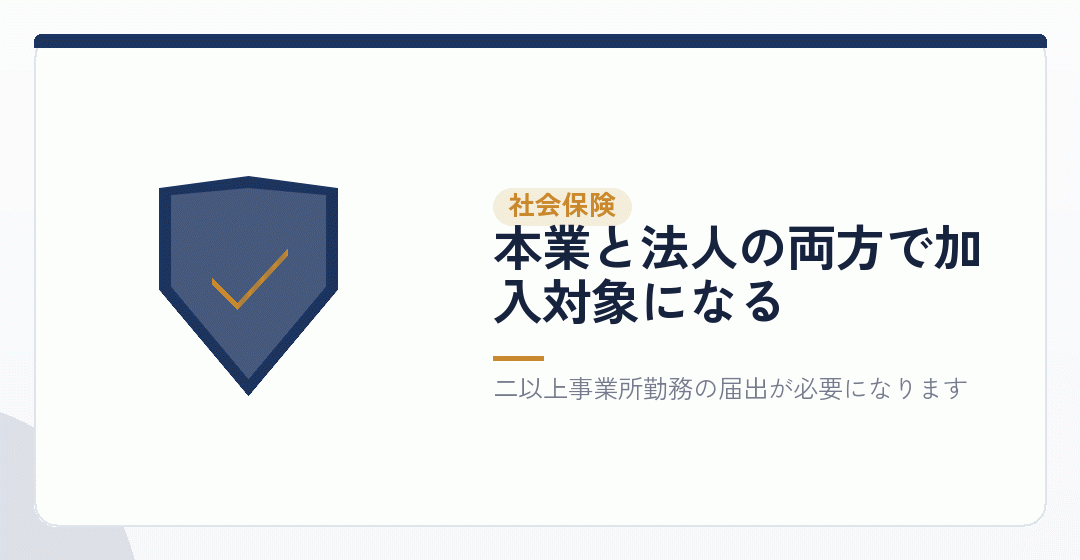 本業と法人の両方で社会保険の対象になる状況を盾で表したイラスト