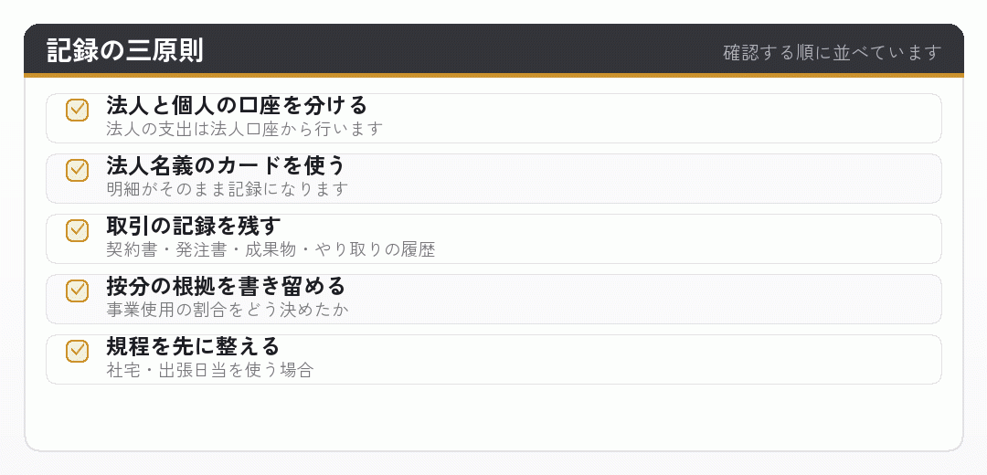 否認を避けるための記録の三原則を並べたチェックリスト